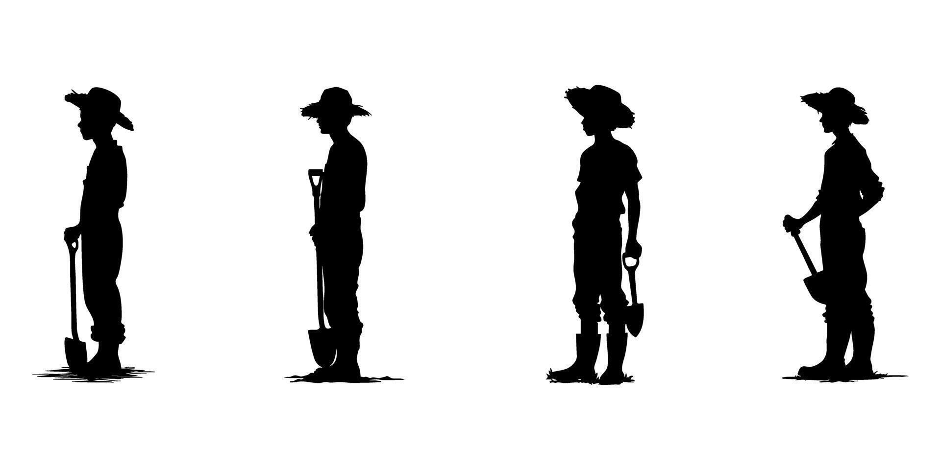 Farmers With Shovels Silhouette Icon Set. Agricultural Work And Labor Theme Solid Symbol Collection. Farming And Gardening Visuals. Isolated Illustration vector
