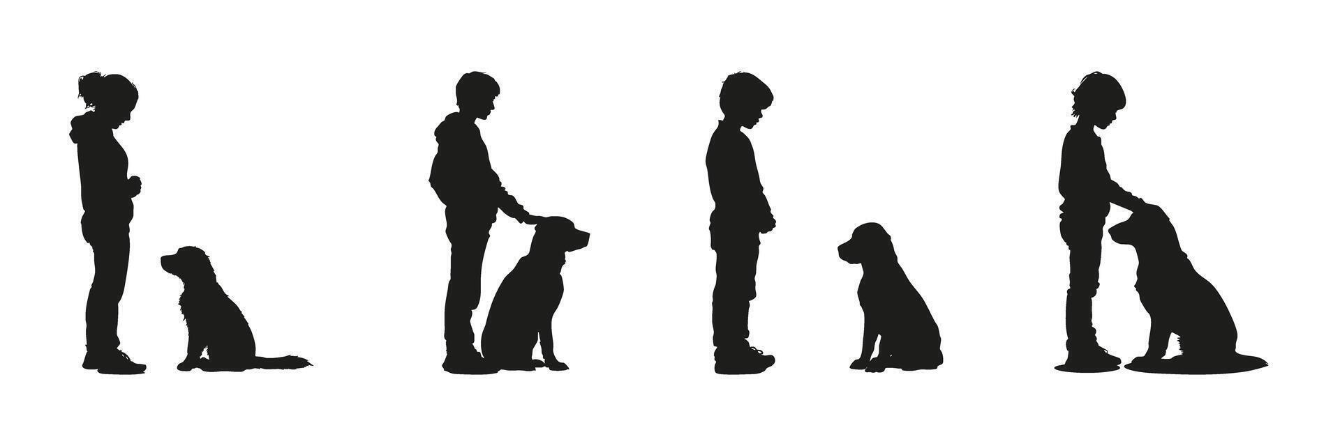 Human And Dog Interaction Silhouette Set. Pet Training And Bonding Symbol Collection. Animal Care And Relationship Use. Isolated Illustration vector