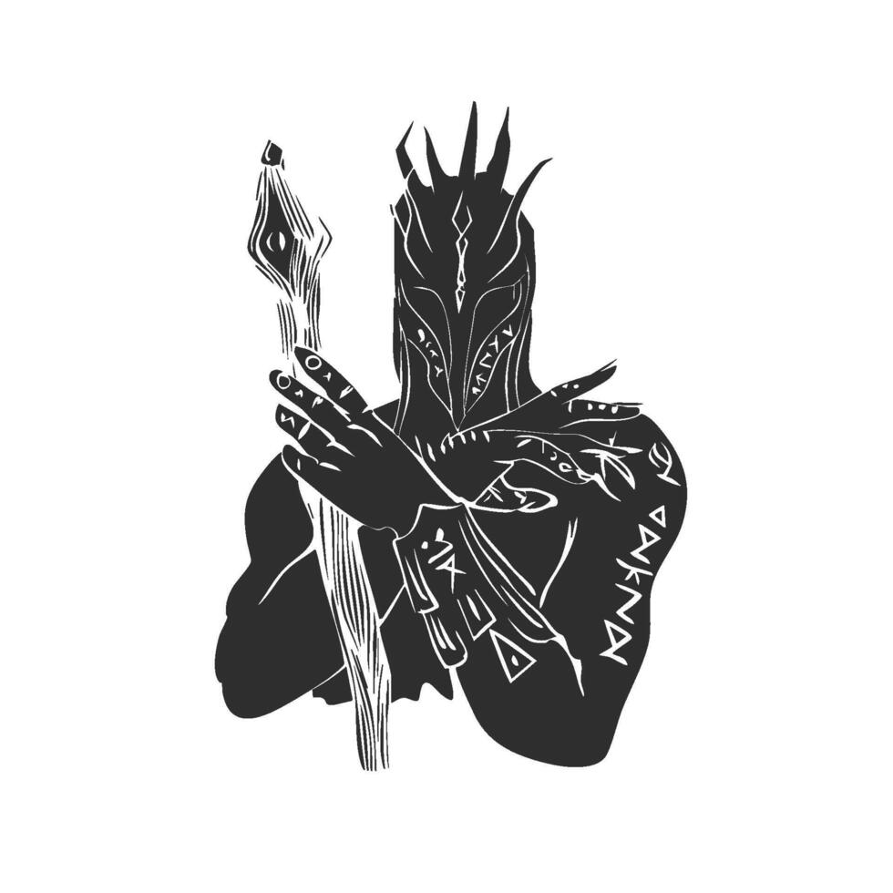 Dark Warrior With Staff Silhouette Illustration. Mysterious Fantasy Character With Tribal Markings Isolated Illustration vector