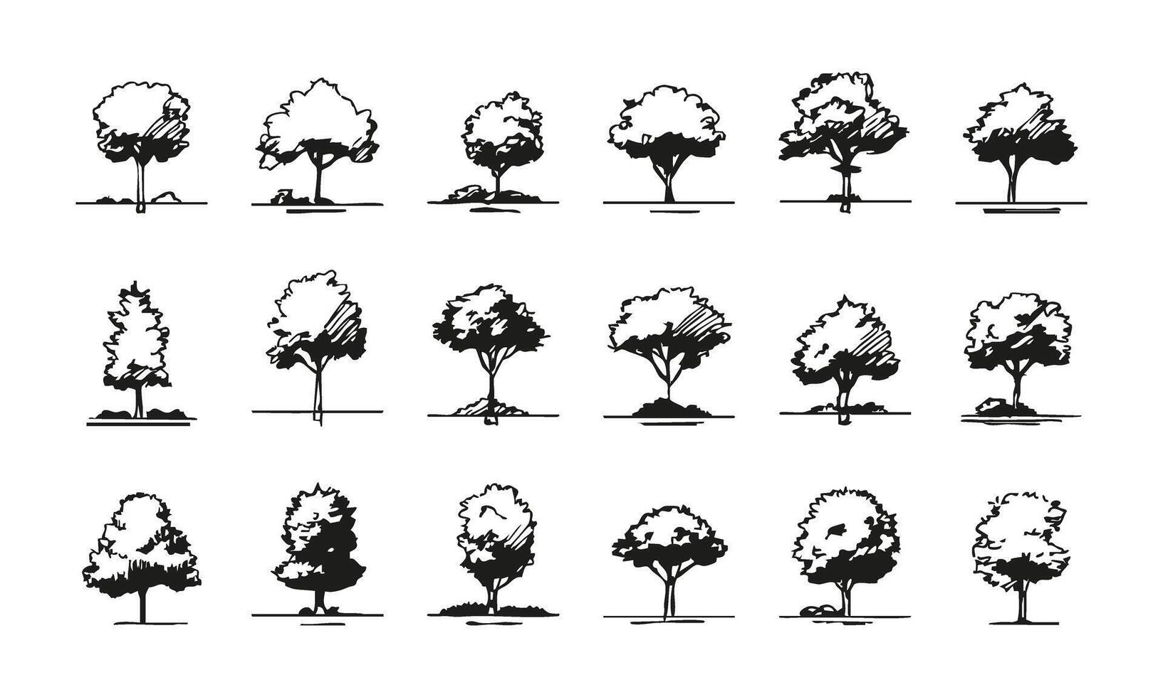 Black and White Tree Sketch Illustration Set. Landscape Architecture and Design Inspiration Collection. Isolated Illustration vector