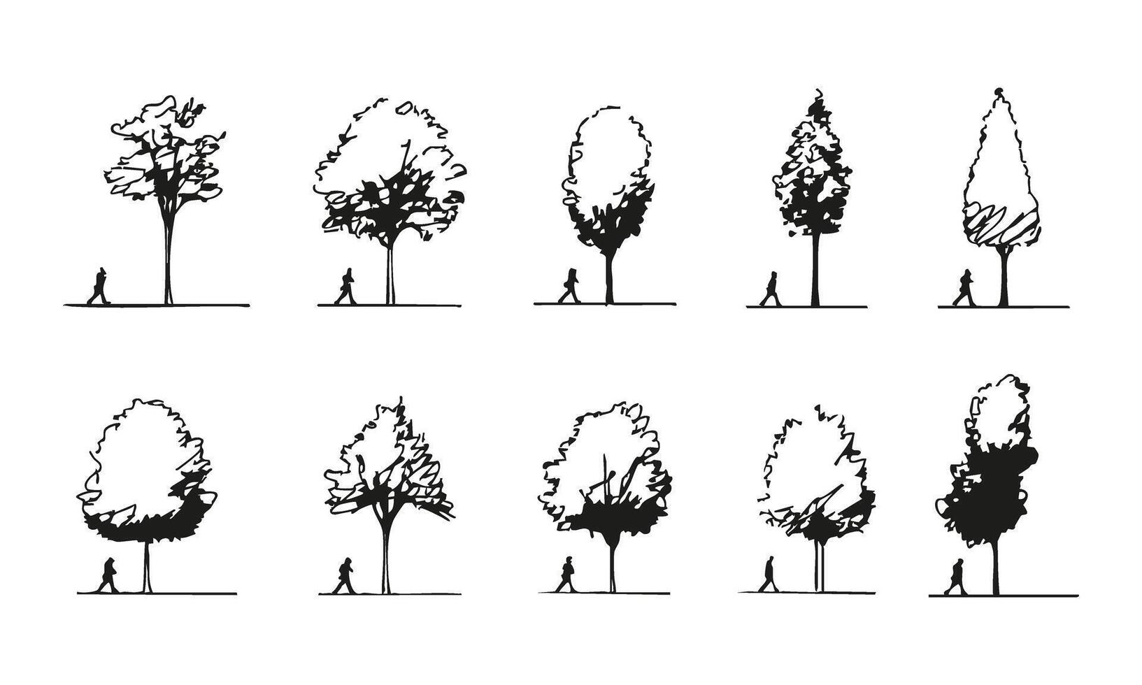 Silhouette Tree and Pedestrian Illustration Set. Urban Planning and Landscape Architecture Collection. Minimalist and Artistic Design. Isolated Illustration vector