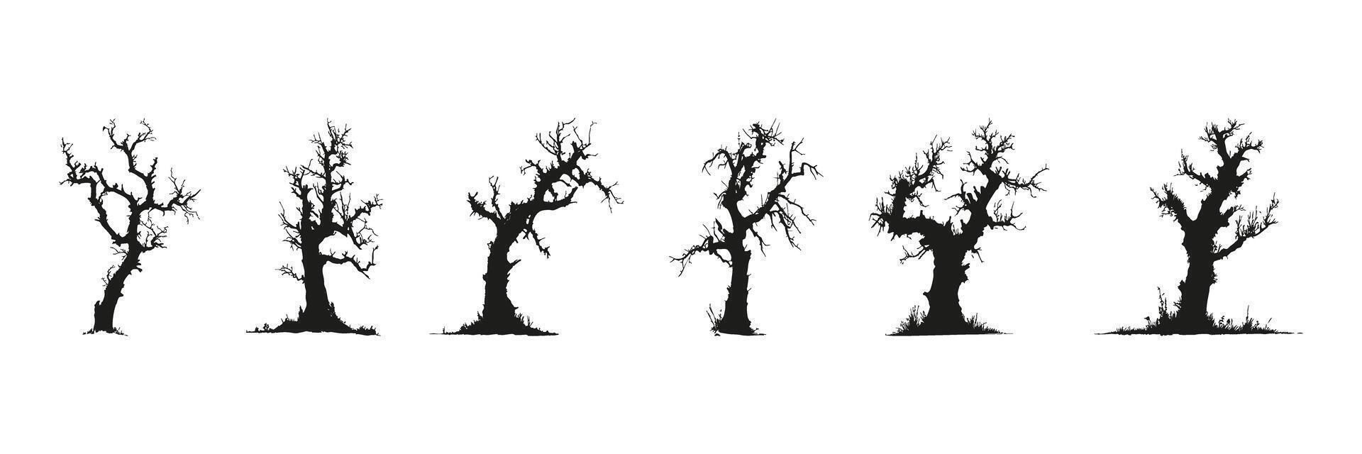 Bare Tree Silhouettes In Icon Set. Seasonal Change And Natural Environment Symbol Collection. Botanical And Design Use. Isolated Illustration vector