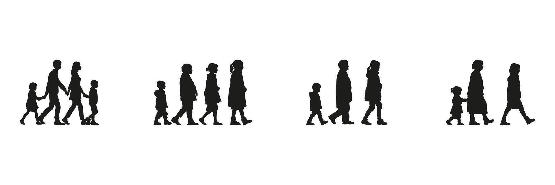 Family Walking Silhouette Set. Generational Bonding And Togetherness Symbol Collection. Social And Educational Use. Isolated Illustration vector