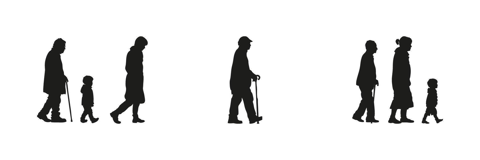 Family Generations Walking Silhouette Set. Intergenerational Bonding And Life Stages Symbol Collection. Social And Educational Use. Isolated Illustration vector