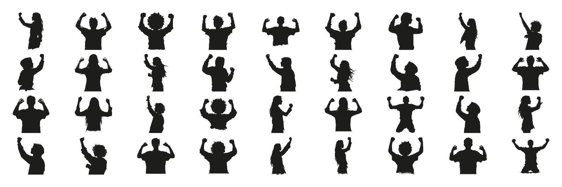 People Celebrating In Silhouette Set. Joyful Expression And Victory Pose Symbol Collection. Event And Festivity Use. Isolated Illustration vector