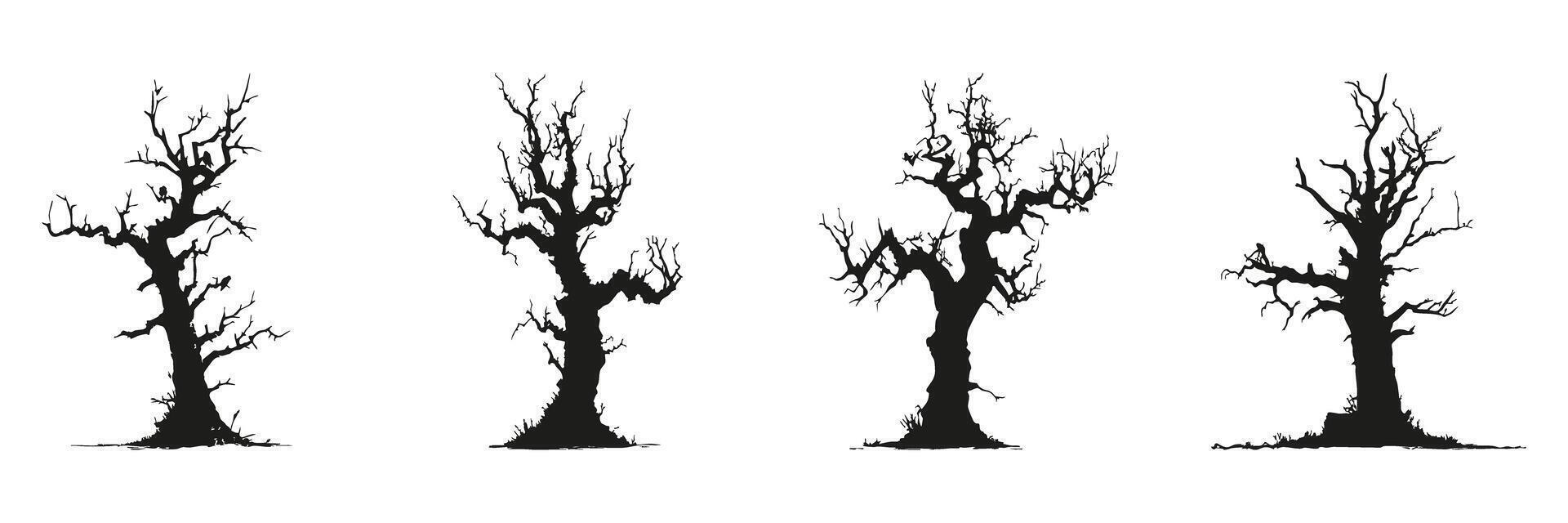 Bare Tree Silhouettes In Icon Set. Seasonal Change And Natural Decay Symbol Collection. Environmental And Botanical Use. Isolated Illustration vector