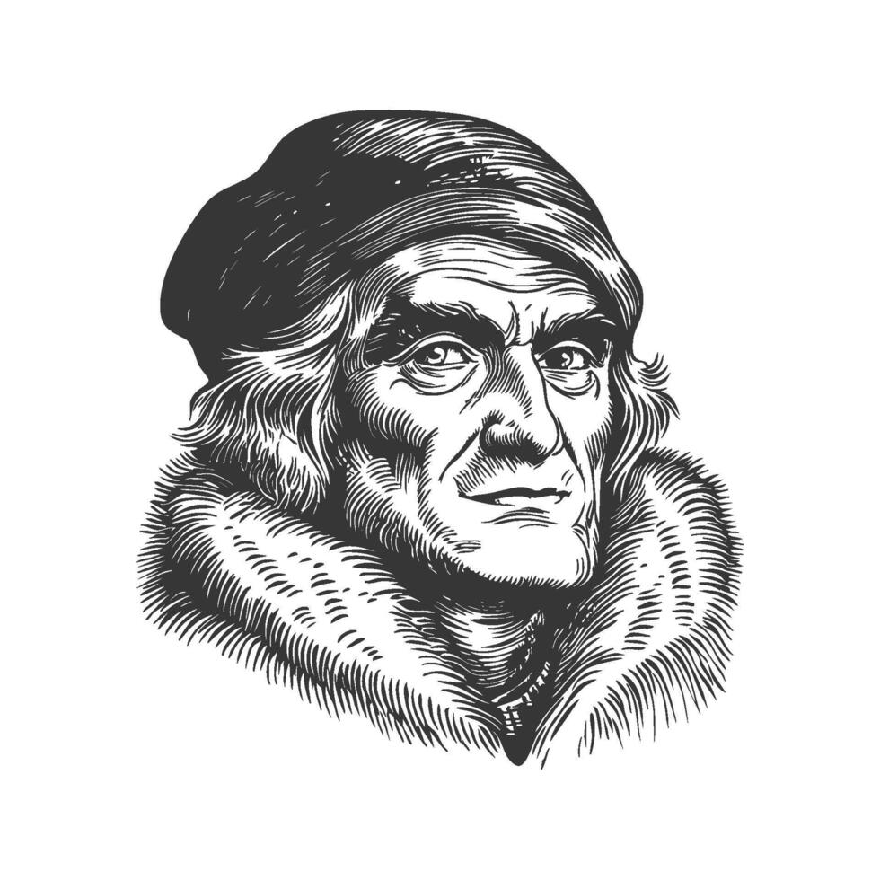 Elderly Man In Fur Collar And Cap Black And White Silhouette Illustration. Historical Figure Portrait, Wisdom And Experience. Isolated Illustration vector