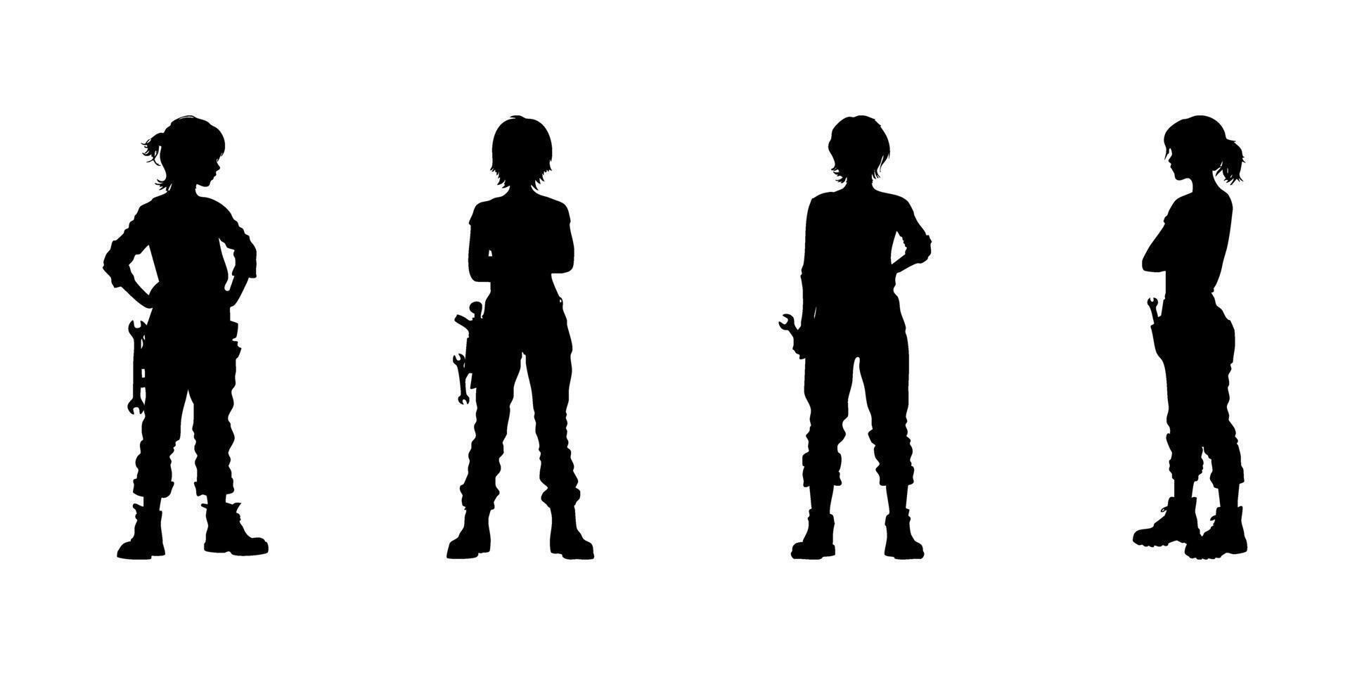 Female Mechanics Silhouette Icon Set. Professional And Industrial Theme Solid Symbol Collection. Engineering And Technical Work Visuals. Isolated Illustration vector