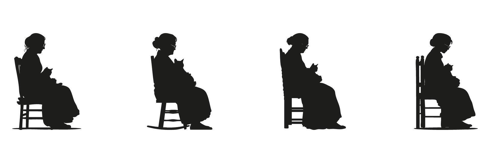 Elderly Woman With Cat Silhouettes In Solid Icon Set. Senior Companionship And Pet Interaction Symbol Collection. Lifestyle And Emotional Use. Isolated Illustration vector