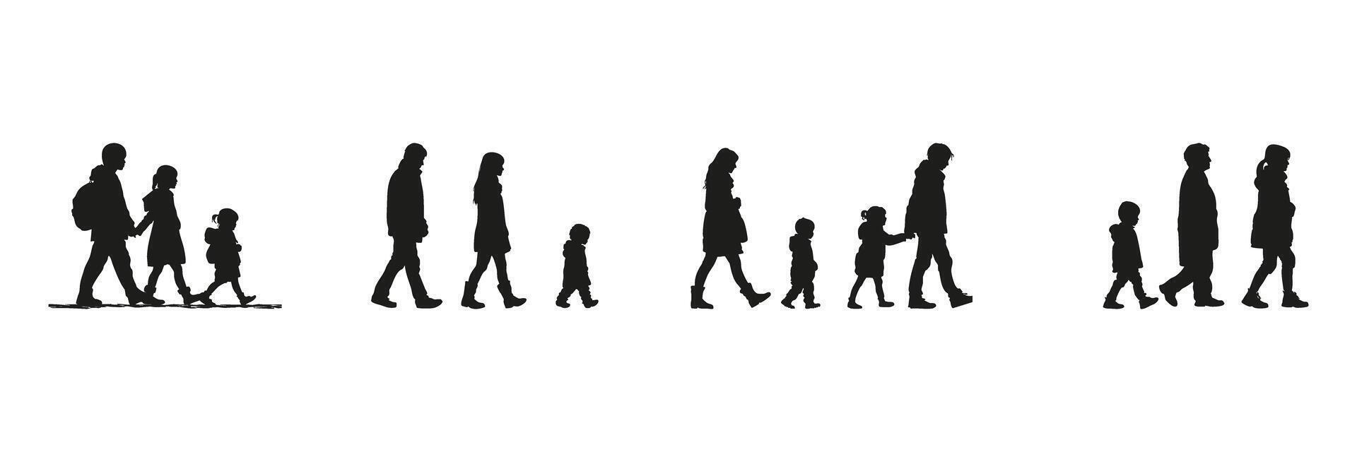 Family Walking Silhouette Set. Parenting, Childhood, And Daily Life Symbol Collection. Social And Educational Use. Isolated Illustration vector