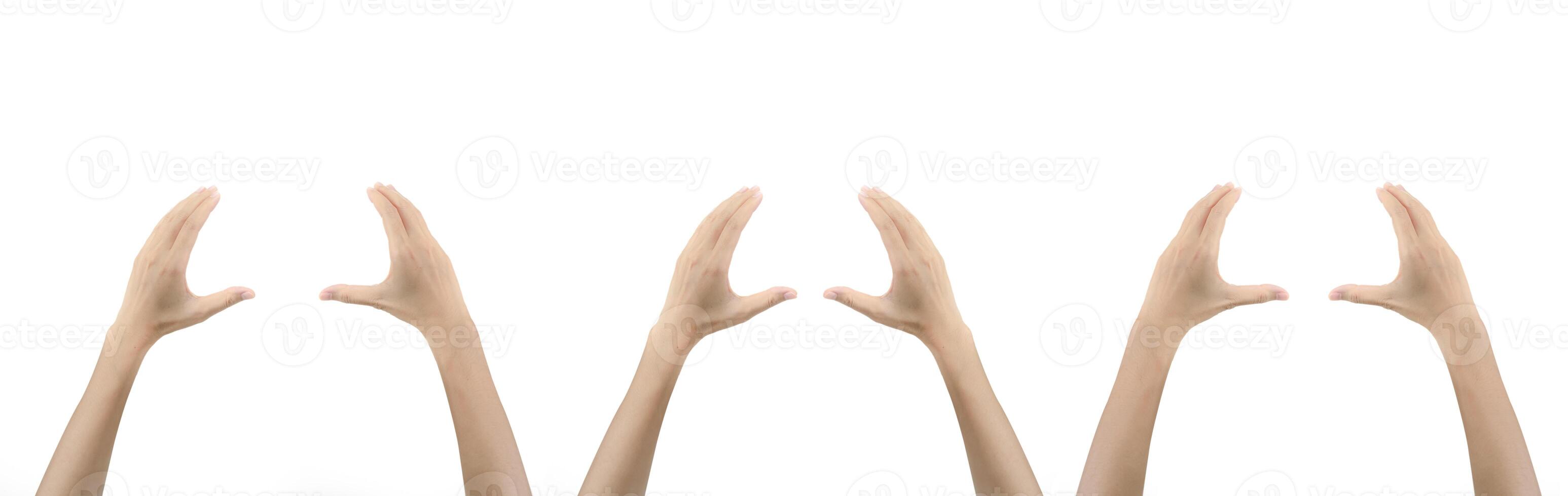 Hands showing coordinated gestures isolated on white background demonstrating unity and teamwork concept for business collaboration and partnership presentations in corporate environments. photo