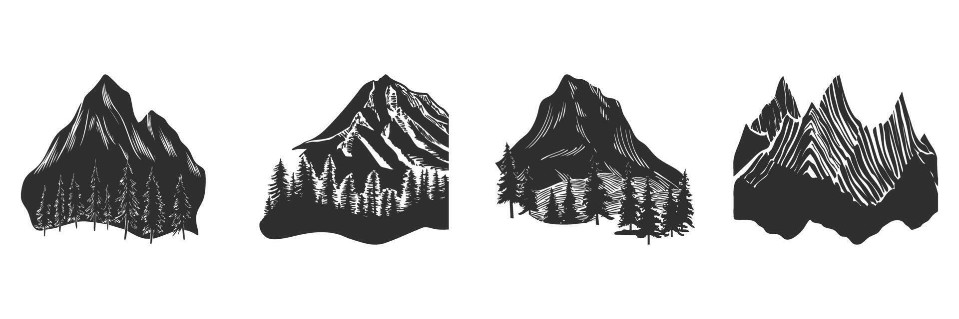 Mountain And Forest Silhouettes Set. Nature And Adventure Themes Isolated Illustration Collection vector