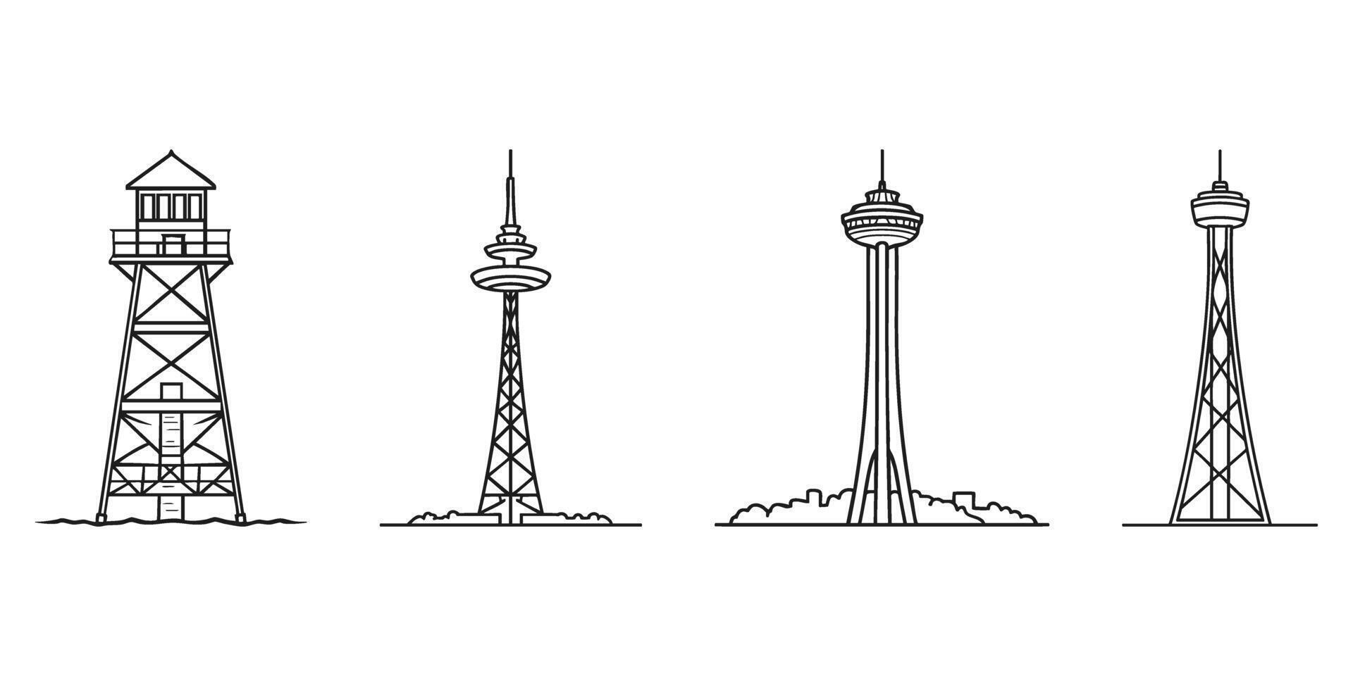 Line Art Of Iconic Towers Set. Architectural Landmarks And Observation Towers Collection. Isolated Illustration vector