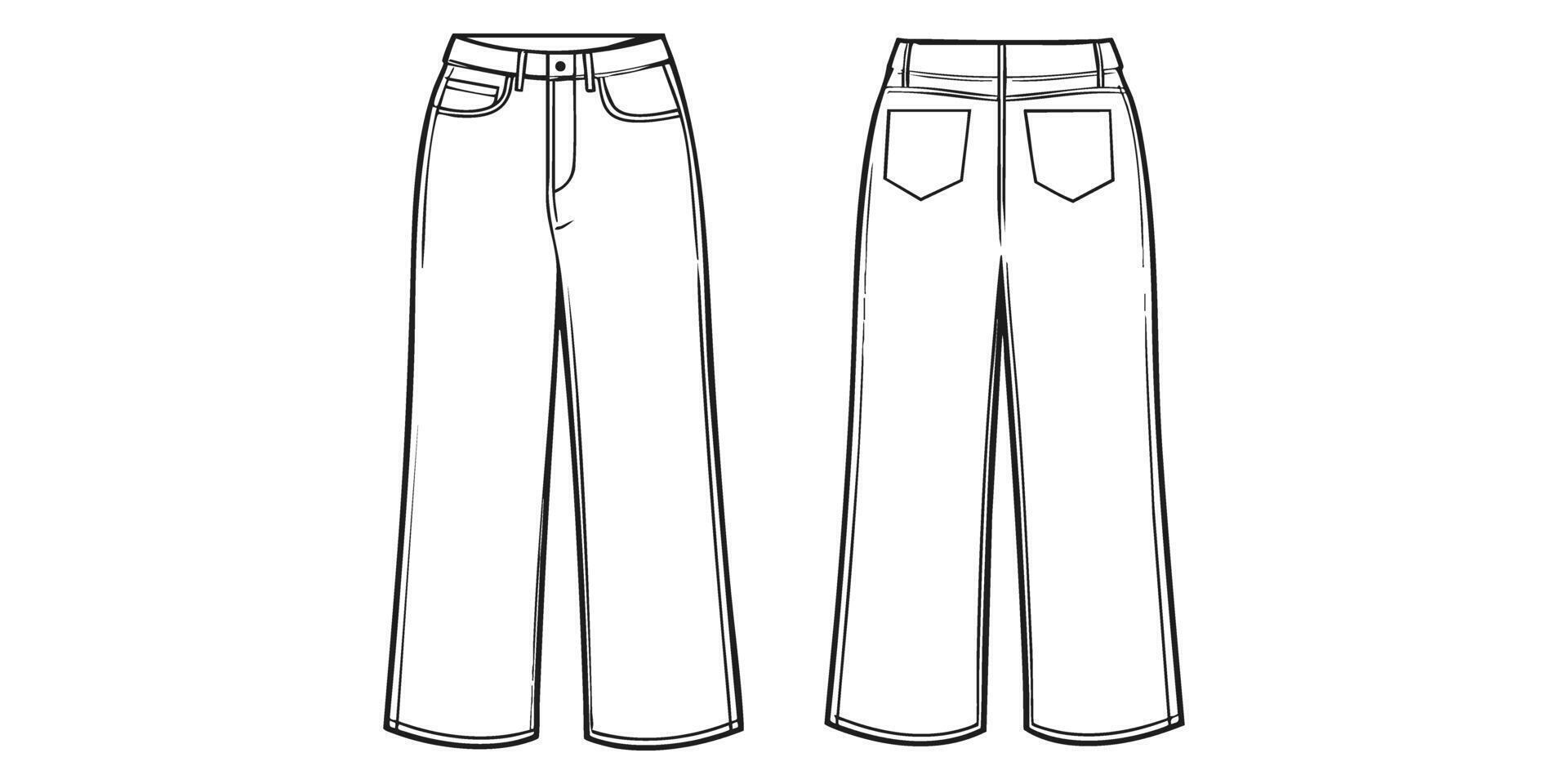 Wide-Leg Jeans Technical Drawing Set. Fashion Design And Apparel Blueprint Collection. Isolated Illustration vector