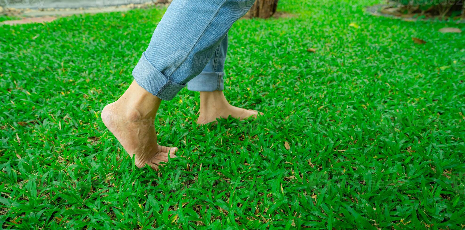 Close-up of barefoot person stepping on lush green grass lawn. Nature connection and natural healing through walking outdoors. Peaceful wellness retreat. Mindful lifestyle and connection to the earth. photo