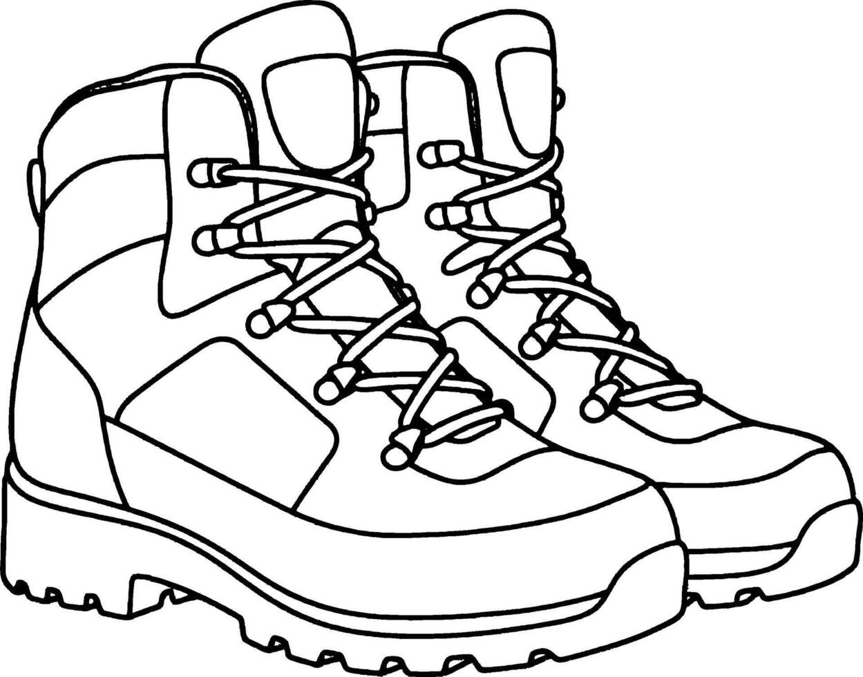 Hiking boots Minimalist line art hand drawn outline stroke vector