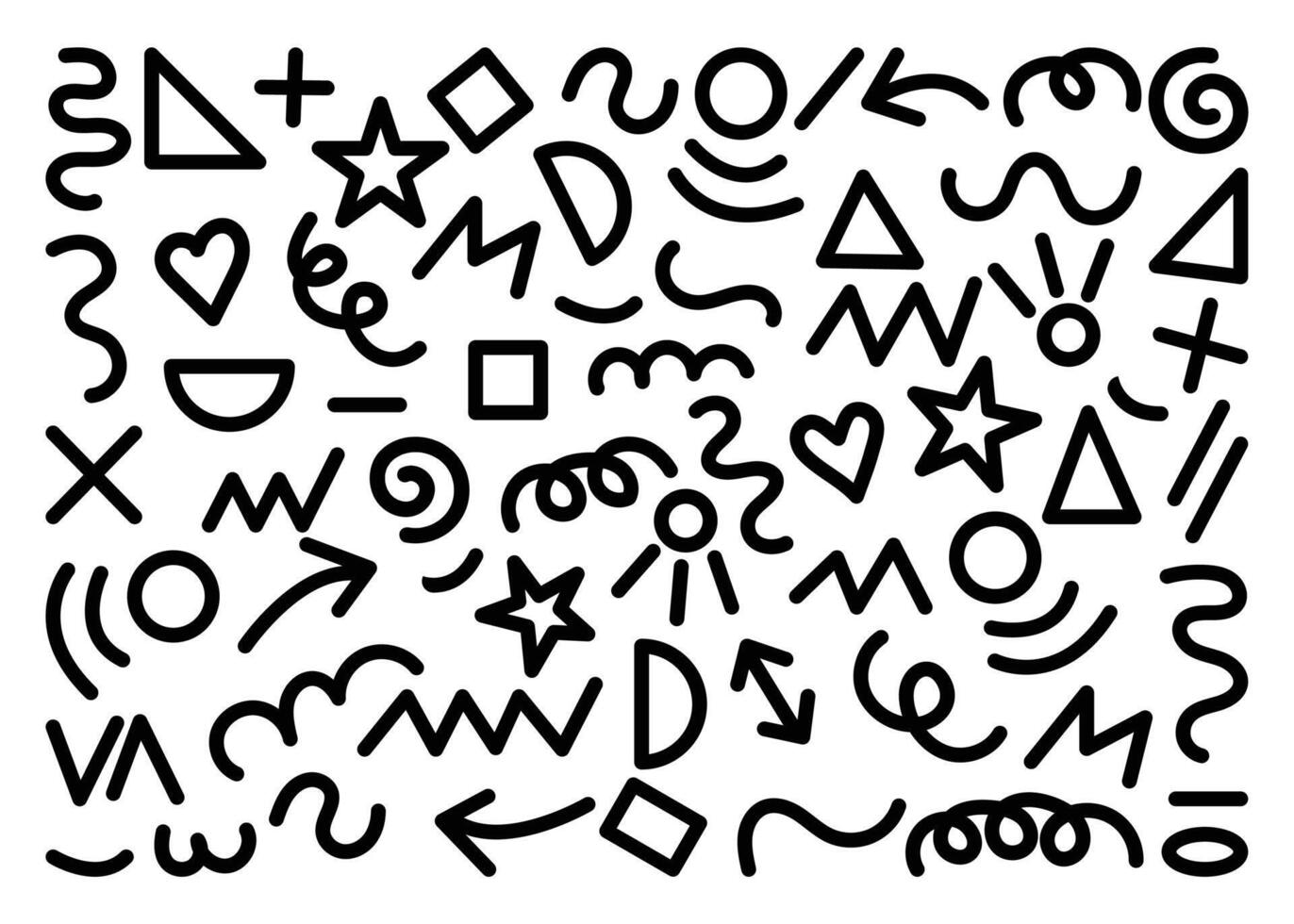 Modern shape set star, arrow, triangle, circle, heart, zigzag, spiral, wavy lines. Retro 80s, 90s Memphis pattern with abstract, fun, cute, kid friendly doodle style. vector