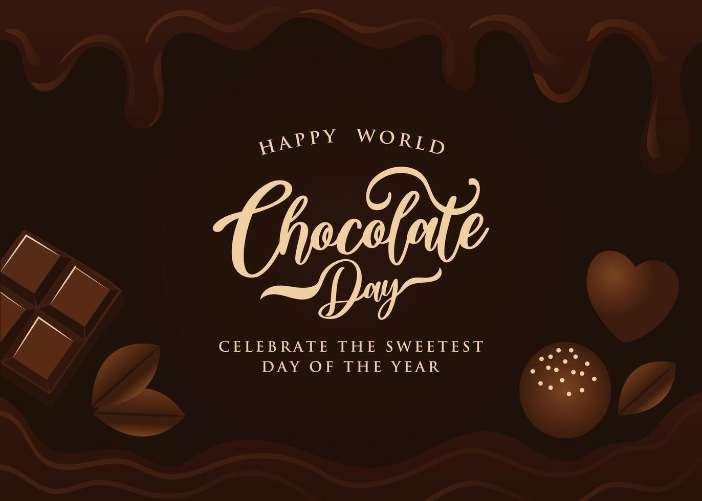 Elegant Happy World Chocolate Day template with rich melted chocolate background. Celebrate the sweetest day of the year with this greeting card, banner, and poster design vector