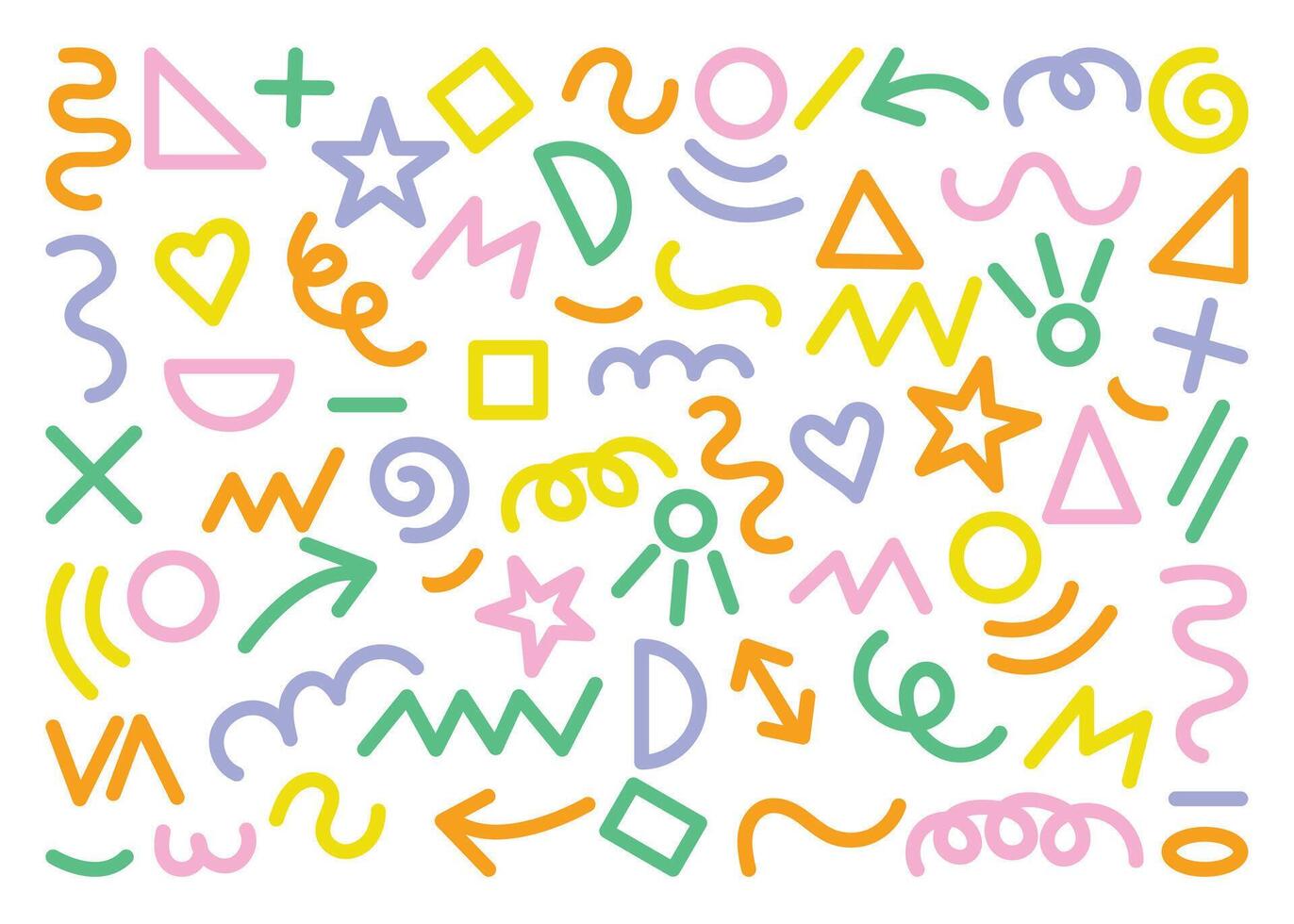Modern basic shape set with star, arrow, triangle, circle, heart, zigzag, spiral, and wavy lines. Trendy Memphis pattern, retro 80s,90s abstract cute doodle style vector
