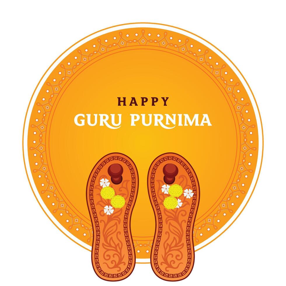 Happy Guru Purnima concept showing Gurus paduka footwear for puja. Mandala art with elegant typography for greeting card, poster, banner to honor spiritual teachers vector