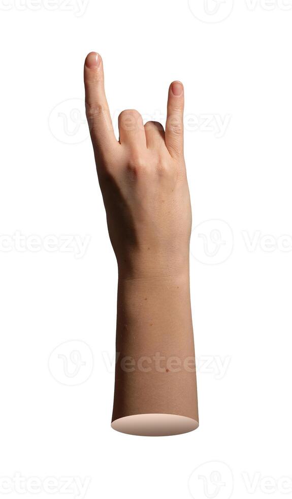 Horn finger sign raised in rock music gesture. Female arm and thumb visible from back, isolated on photo