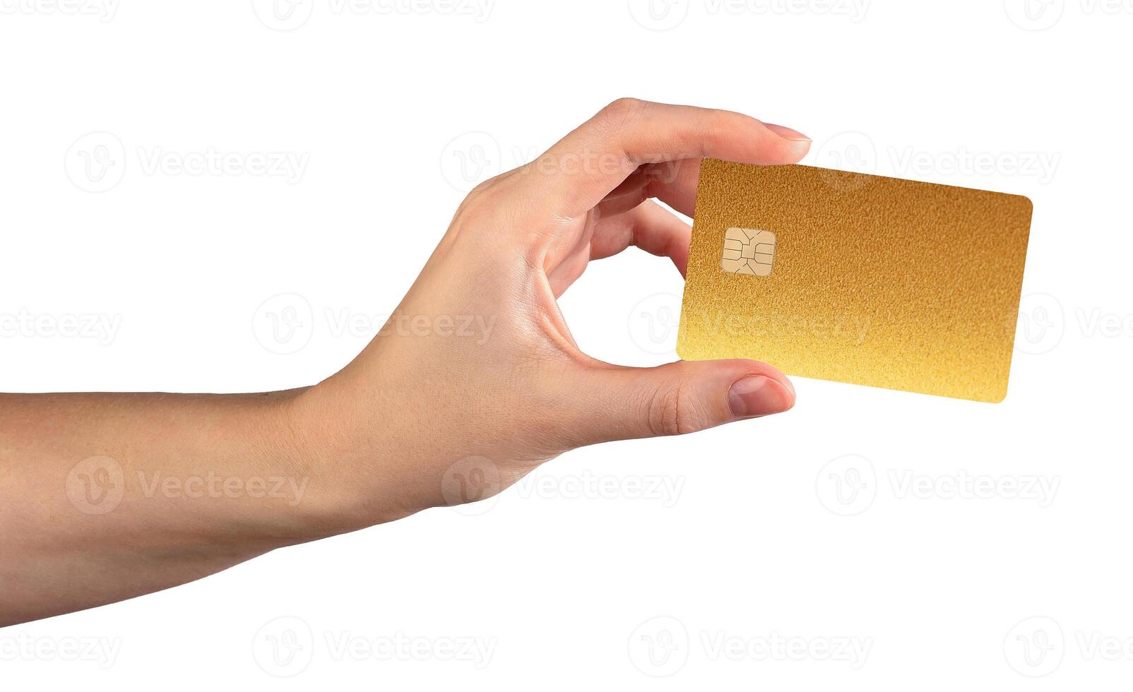 Hand holding a gold bank card, symbolizing wealth and modern finance. Female hand offering photo