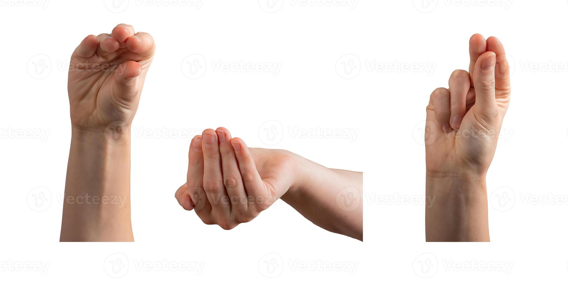 Hand gesture with fingers forming a religious sign, symbolizing the Holy Trinity. Woman s palm photo
