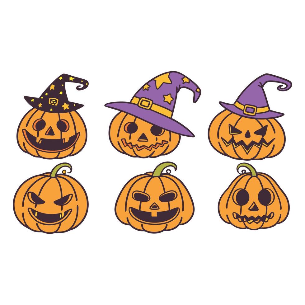 Twisted Halloween Pumpkins, Cartoon Jack o Lantern Clipart with Witch Hats and Creepy Faces vector