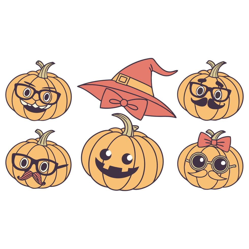 Funny Halloween Pumpkin Set, Pumpkins with Glasses, Hats, Mustaches, Capes and Bows vector