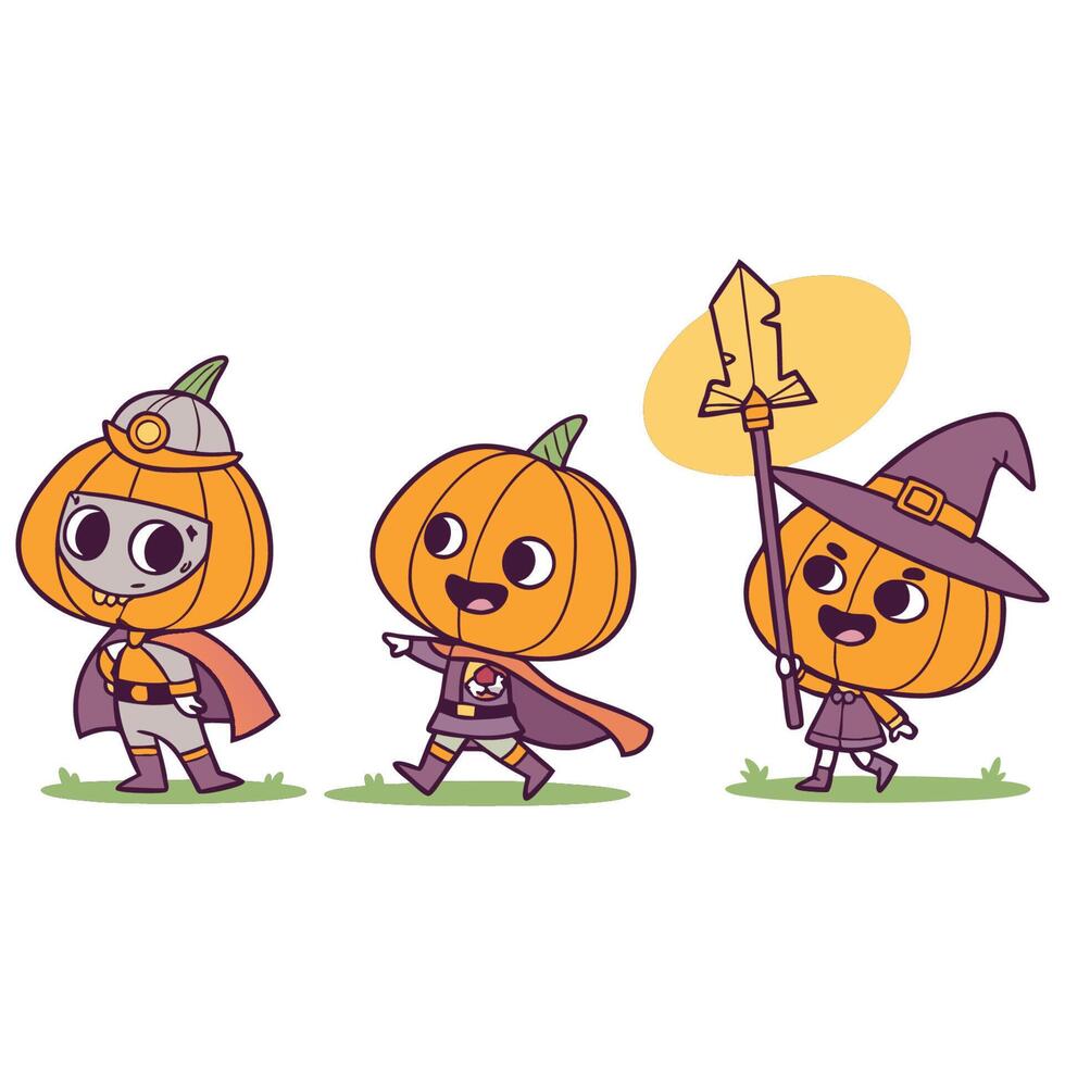 Funny Halloween Pumpkin Set Pumpkins with Glasses, Hats, Capes and Bows vector