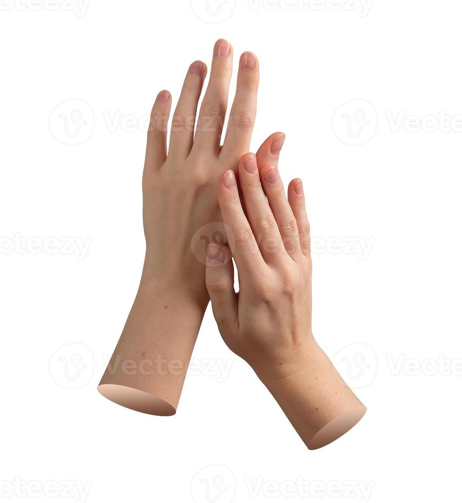 Hands of female with neat manicure and gentle touch showing clean, soft skin and healthy nails. photo