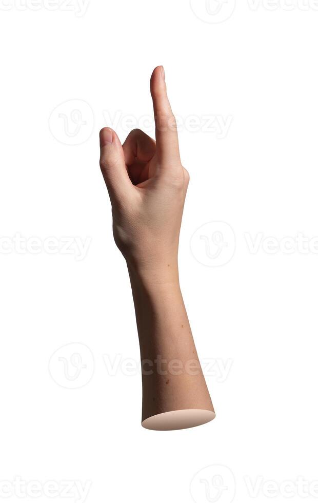 Index finger pointing upward in side view with thumb visible. Close up of female hand showing tap photo