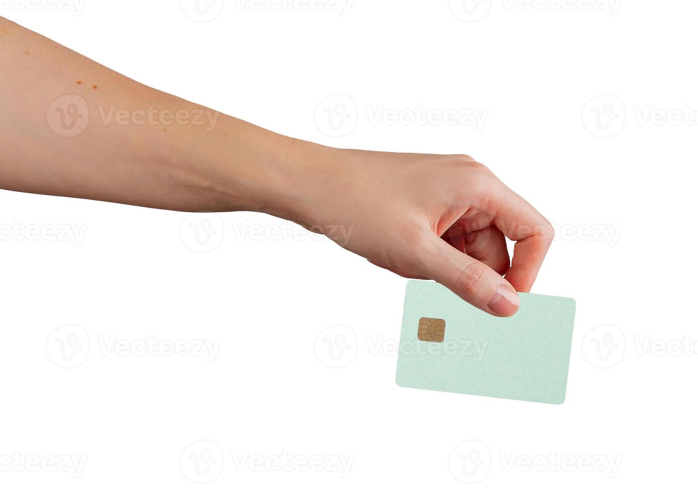 Female client using bankcard at store. Woman holding debit card in hand for payment, transferring photo