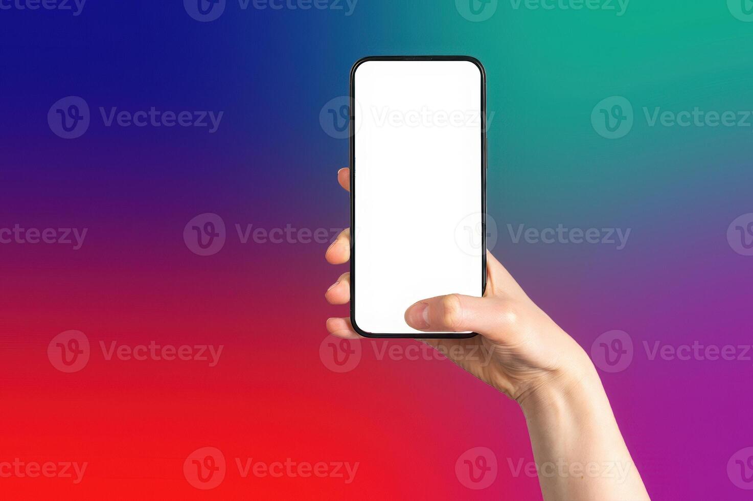 holding a smartphone with screen, displaying a blank mockup. A modern device used for online photo