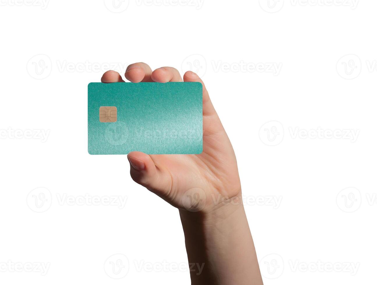 holding a mint colored bank card for secure payment in a retail store, symbolizing modern financial photo