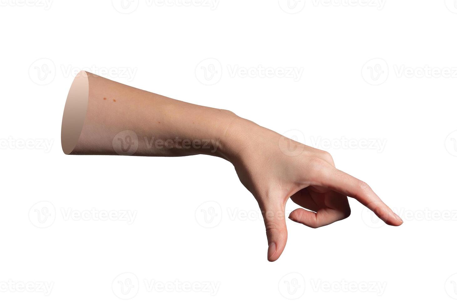 Hand holding gesture with fingers grasping in precise motion. Female arm and forefinger showing grip photo