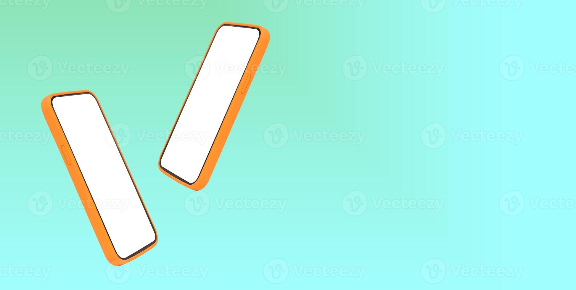 Phone mockup with two floating smartphones in pastel gradient background. Mobile devices in mint, photo