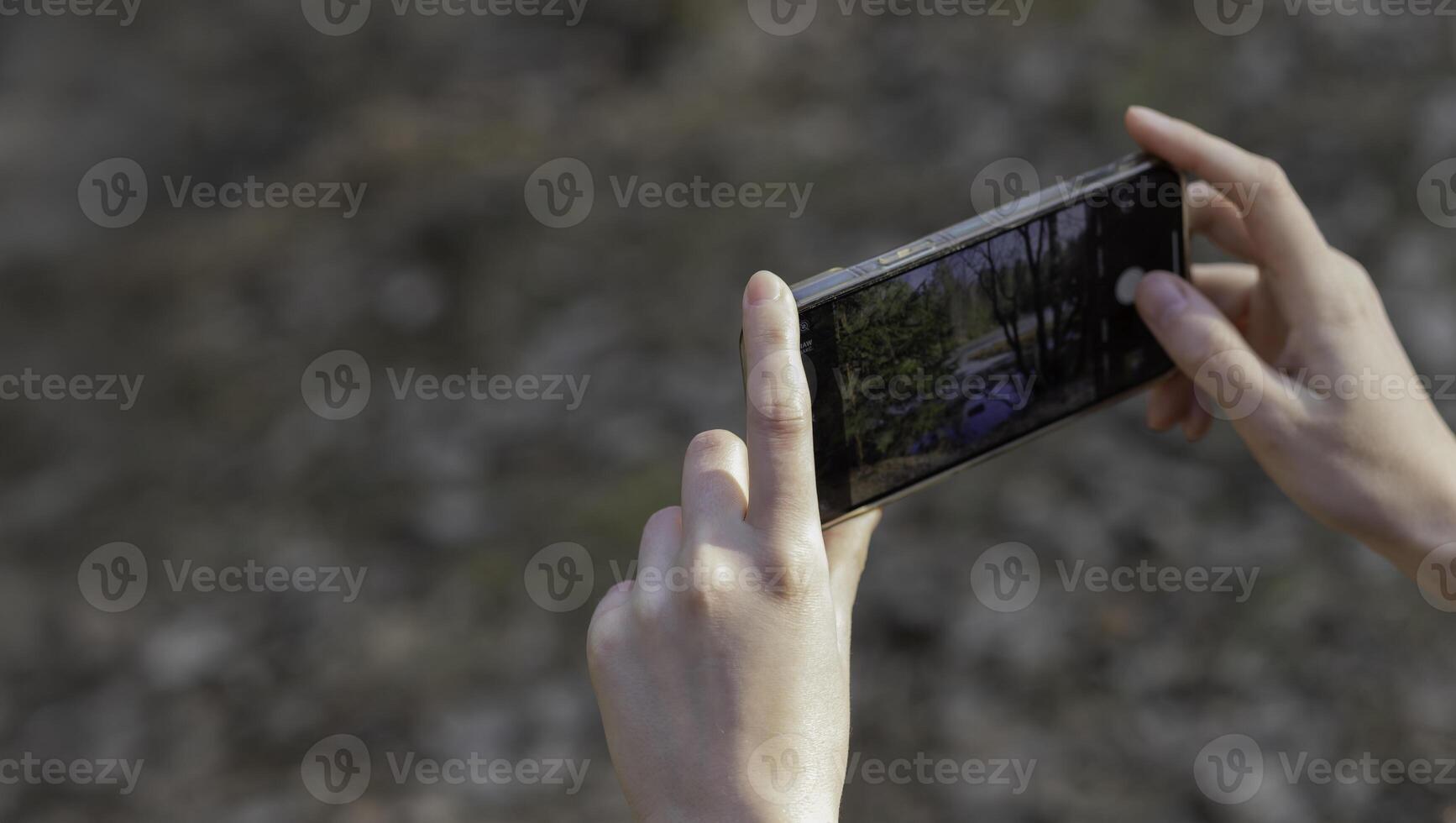 holding a smartphone to take a photo, capturing a shot of nature. Modern mobile device used for photo