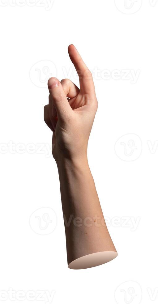 Index finger pointing upward in straight vertical gesture touching touchscreen. Close up of female photo