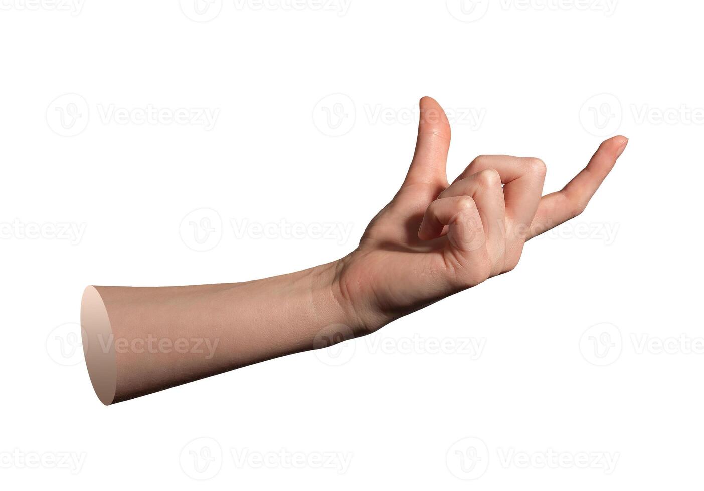 Hand of woman holding huge item between thumb and forefinger in precise pinch gesture, showing grip photo