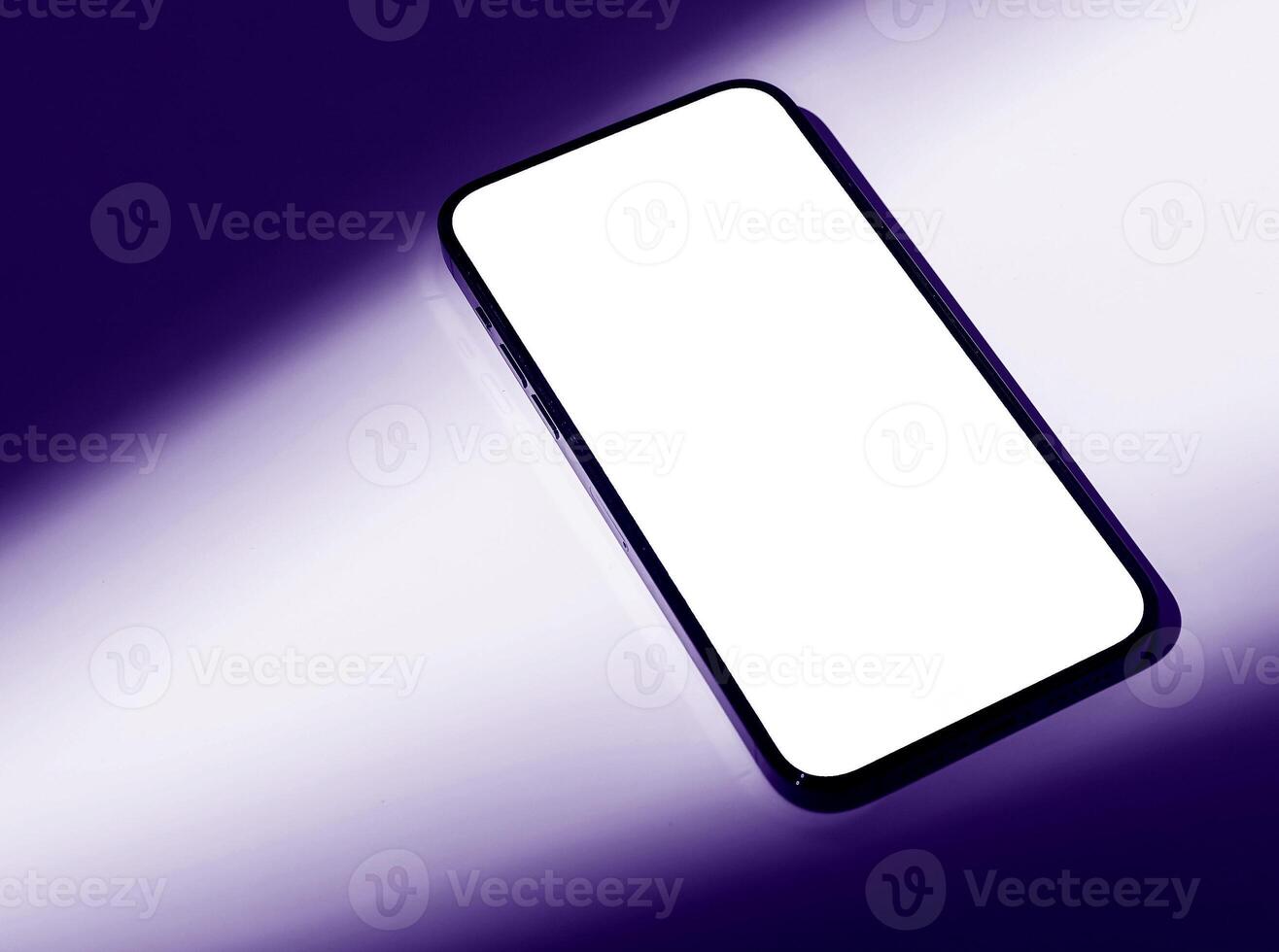 Phone screen mockup. Modern black smartphone with blank touch screen, glowing violet beam effect, photo