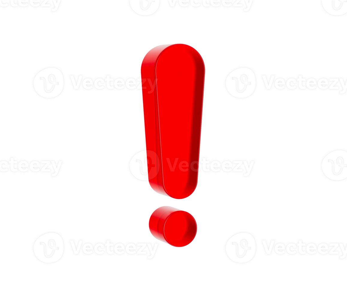 3D Red exclamation mark with a glossy finish, symbolizing urgency or alertness. 3d illustration png