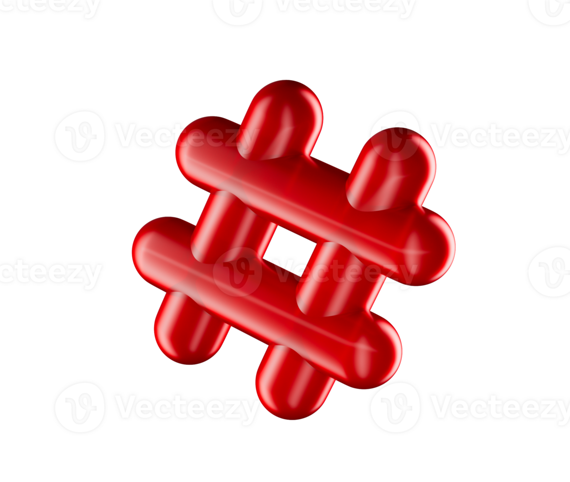 red 3D hashtag symbol, representing social media and online connectivity. 3D Illustration png