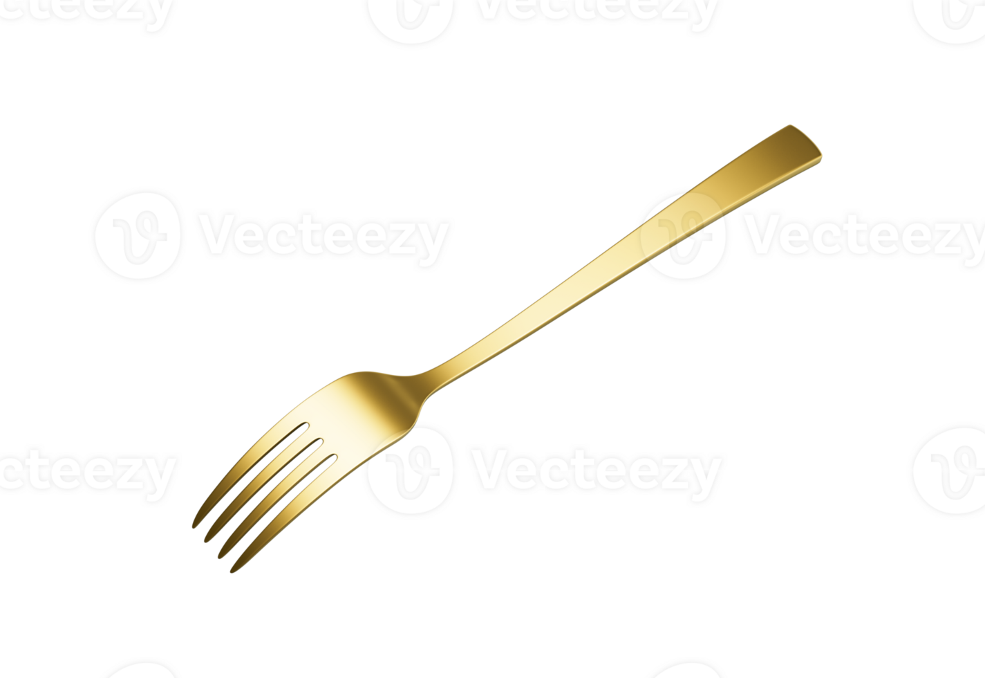gold plated fork with a reflective finish and a slightly curved handle. 3D Illustration png