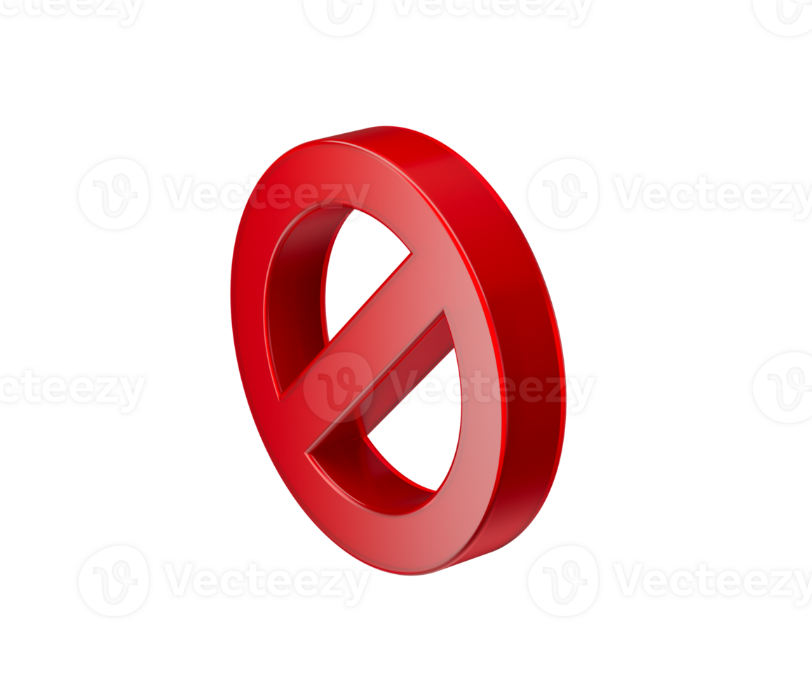 red prohibition icon with a diagonal bar, symbolizing restriction or denial. 3d illustration png
