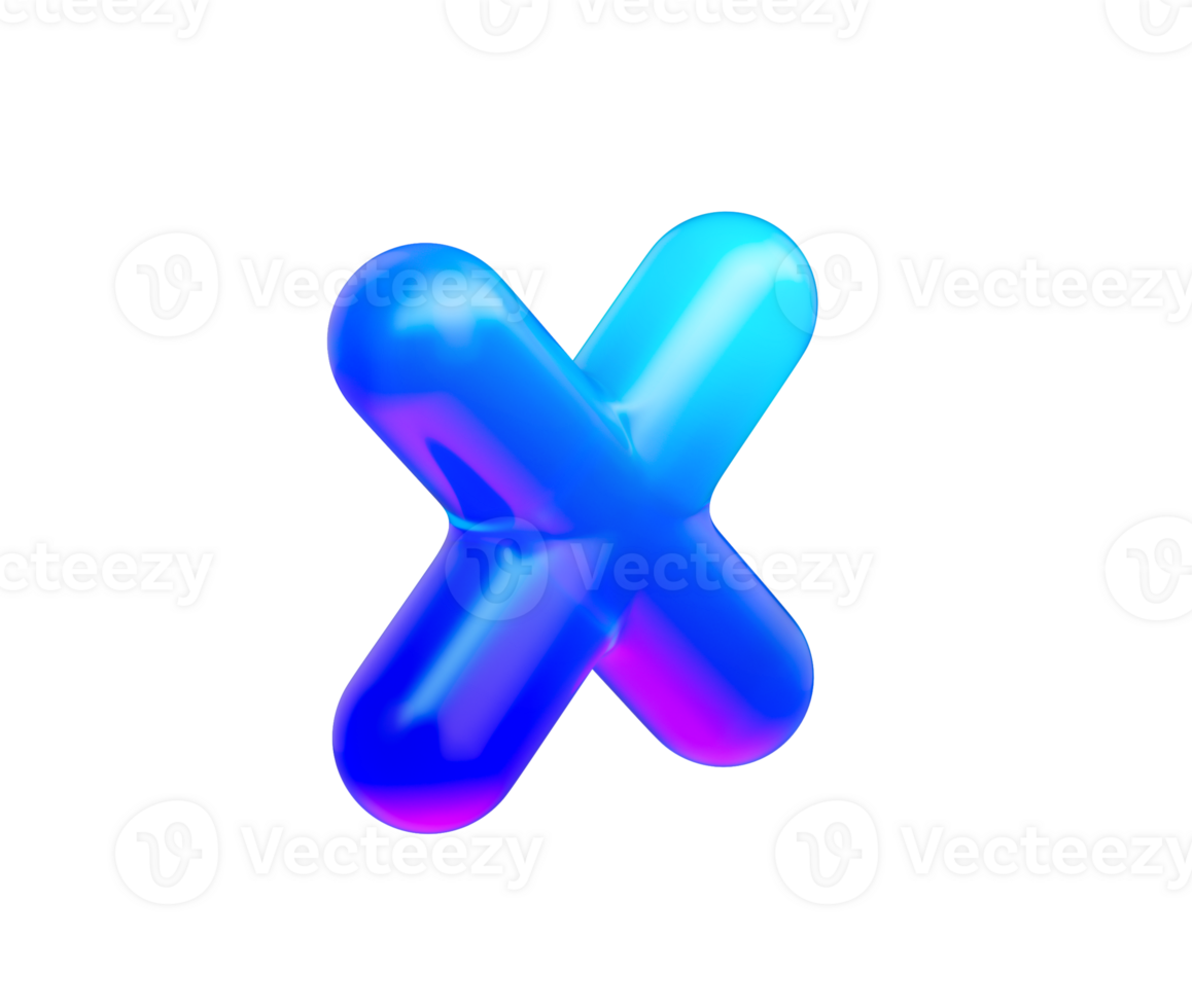 3d Multiplication symbol with a glossy neon blue gradient and reflective surface. 3d illustration png