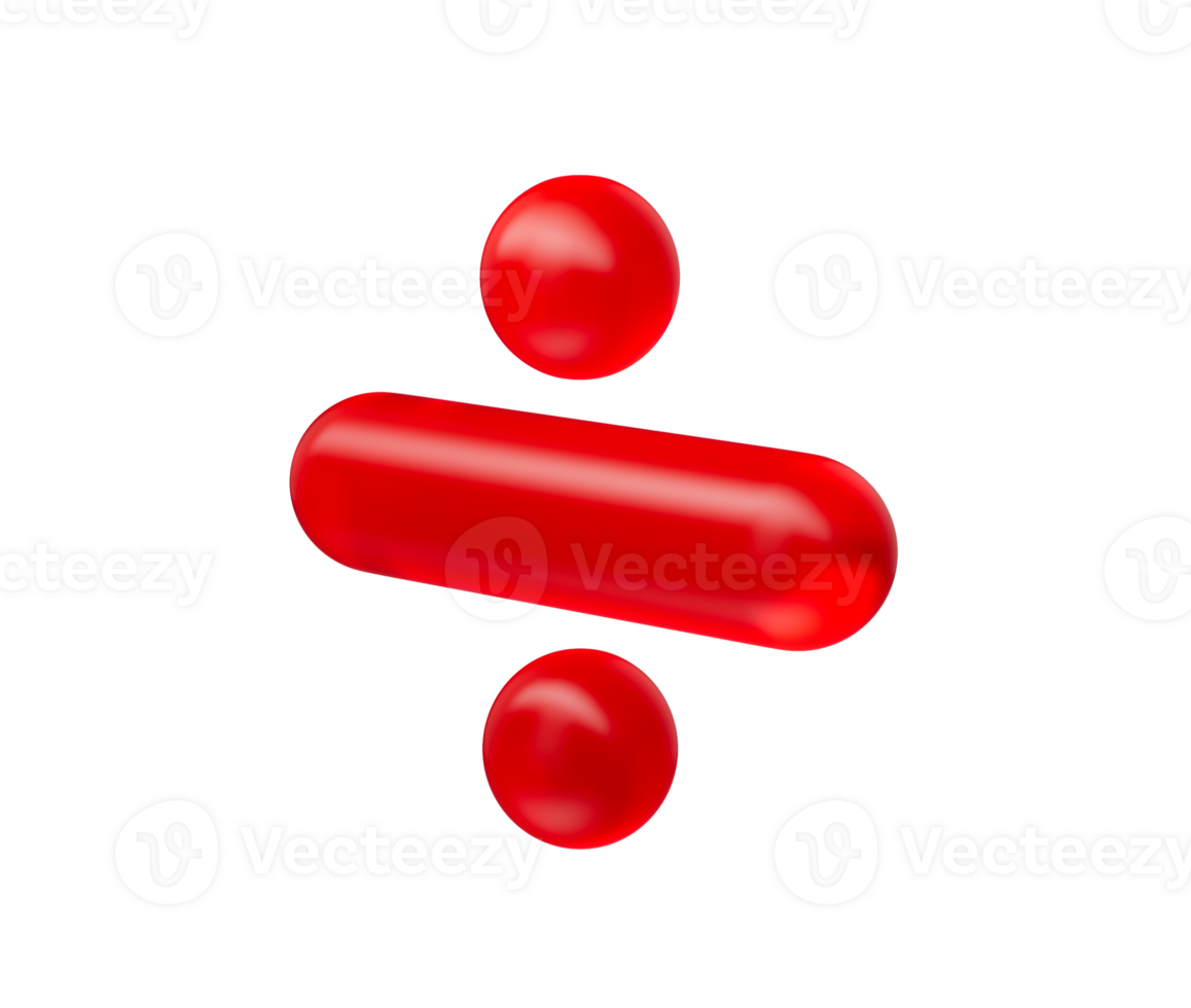 3D Glossy red division symbol with a sleek and modern reflective appearance. 3d illustration png