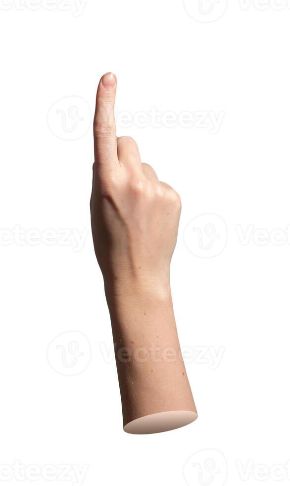 Index finger pointing up in straight gesture showing tap and press action. Close up of hand photo