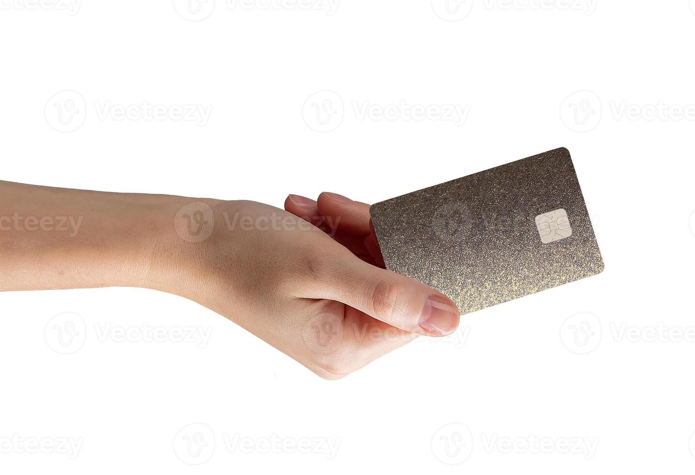Card in hand. Female customer holding plastic debit for payment, shopping, bonus, cashback, finance, photo