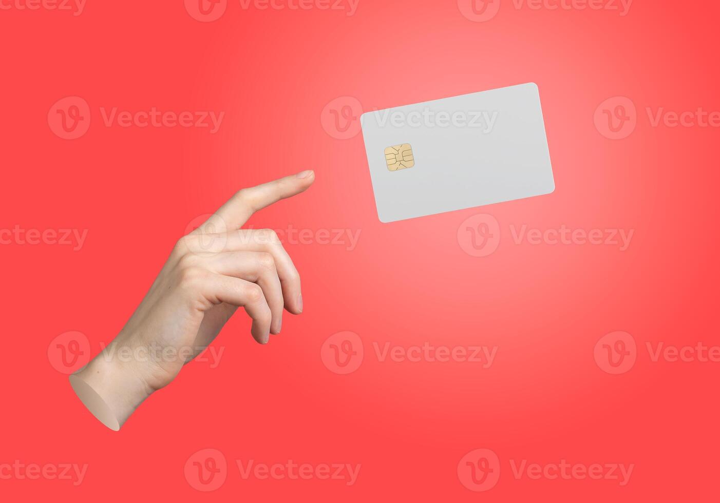 Bank card mockup levitation. Blank plastic card with chip flying above hand finger, glowing shadow photo